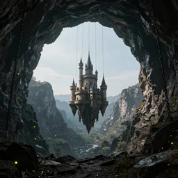one castle single in the middle floating high mountains hanging by chains inside a cave crater jewelry mine only darkness background, fireflies, clean sky, hight contrast, void, 8 k resolution, unreal engine 5, hyper - detailed, perspective view, 2 4 mm lens, by simon bisley, beeple, justin gerard
