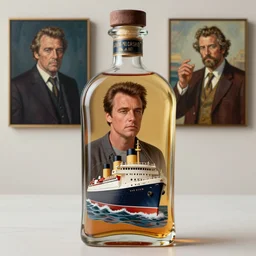 a ship in a bottle but instead of a ship it is jack nicholson in the bottle, a young jack nicholson, fancy whiskey bottle, masterpiece painting by artgerm and tom bagshaw and boris vallejo