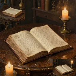 a beautiful painting of a single open ornate spell book on an antique table, dark candlelit room, multiple angles, by szukalski, by kim jung ji