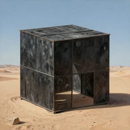 A renaissance painting of big cube made of black metal in the middle of the desert,