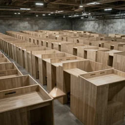 a massive underground structure filled with identical cubicles, surreal,