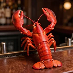 lobster woman hybrid, in a bar, very detailed claws, shell, red