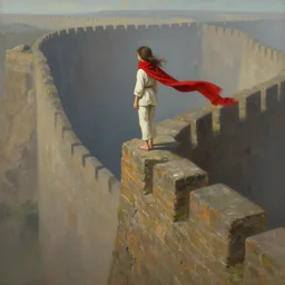 a young girl standing on top of an impossibly tall wall, looking down at what is on the other side. she wears a white shirt and trousers and a very long red scarf around her neck that trails down a long way. beautiful fantasy painting by greg rutkowski