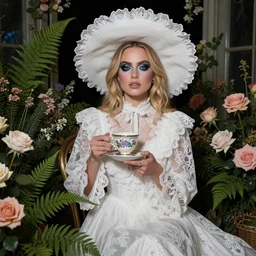 big eyes full body fashion model margot robie smokey eyes makeup eye shadow textured film grain fantasy, glow, shimmer as victorian woman in a long white frilly lace dress and a large white hat having tea in a sunroom filled with flowers, roses and lush fern flowers ,intricate, night, highly detailed, dramatic lighting , high quality