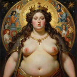 hyper realistic painting of the queen of abundance, detailed and perfect face, proportional body, fat, overweight, obese, in the style of wayne barlowe, gustav moreau, goward, gaston bussiere and roberto ferri, santiago caruso, and austin osman spare, bouguereau, mucha, saturno butto, sorayama. occult art, alchemical diagram