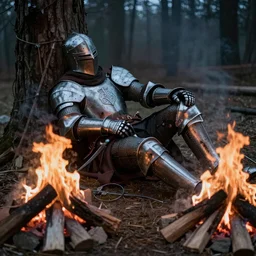 wounded knight resting by a campfire