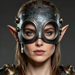 head and shoulders portrait, female artificer, gray eyes, welding mask, emily blunt natalie portman hybrid, elf, d & d, steampunk, by donato giancola, facial detail, extremely detailed, comic book cover photo