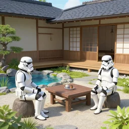 detailed composition of the japanese home with a garden and a pond, 2 stormtroopers sitting around it, pop - art style, jacky tsai style, andy warhol style, roy lichtenstein style, rich palette, acrylic on canvas