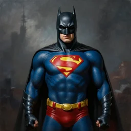 Batman dressed as Superman, surrealism painting