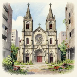 overgrown abandoned church in a concrete jungle, colored pencil drawing