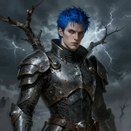 portrait of beautiful gothic and futuristic young man, more thunderstorm, cyber armor, a lot of scars, branches from a tree, blue head, the middle ages, highly detailed, artstation, illustration, art by jean delville, 8 k quality, art by greg gandy