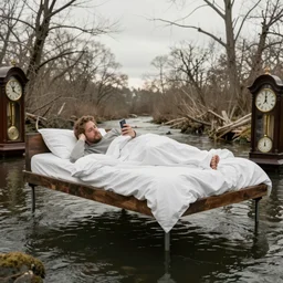 a man laying in bed staring at his phone the bed floating on a river surrounded by grandfather clocks and dead trees