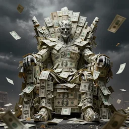 a massive, evil throne made of us dollar bills. extremely detailed, storming