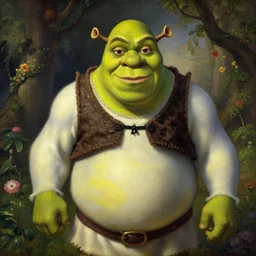 portrait of shrek in the garden of eden, beautiful painting by jan matejko, rich lighting