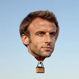 emmanuel macron floating head as an hot air balloon in the sky