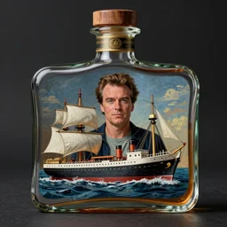 imagine a ship in a bottle but instead of a ship a young jack nicholson is in the bottle, jack nicholson, fancy whiskey bottle, masterpiece painting by peter mohrbacher