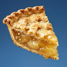 1 thick slice of apple pie floating on a blue background, golden crust, apple filling dripping, chesley bonestell, vincent di fate