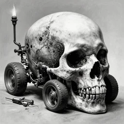 b & w inks of ww 3 skull vehicle, macerated, medical, dystopian, by wayne d barlowe, h r giger, simon bisley, alex nino, boris vallejo, enric torres, hyper realism, narrative light, muted colors, epic, hyper detailed, awe inspiring, award winning horror, torch lighting, hyper realism, cinematical
