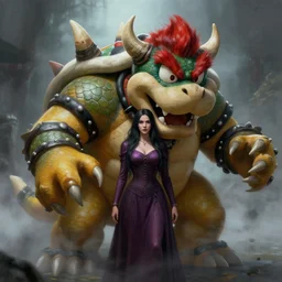 concept art of maria hiding from bowser with huge horns and scales and talons, resident evil, horror, occult, terror, mist, volumetric render, digital painting, detailed painting