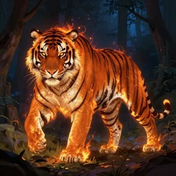 burning tiger in the night forest, fantasy, highly detailed, digital painting, concept art, sharp focus, illustration, beautiful volumetric lighting, epic light, artstation