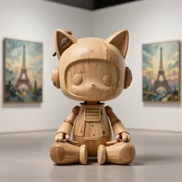 3D octane render ultra 8K photorealistic highly  hyperdetailed unreal engine ,a wooden sculpture ,art toys on feet ,very cute robot mystic with bird and cat ears zen meditation cyberpunk concept art ,artwork masterpiece , a on contemporary art gallery and néo Paris by  Robert Crumb