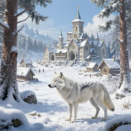 a white wolf! on a snowy forest near a village, texture, intricate, details, highly detailed, masterpiece, architecture, building, trending on artstation, focus, sharp focus, concept art, digital painting, fantasy, sunny, day, midday