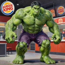 the hulk working at burger king, oil on canvas, intricate, full scene, 8 k highly professionally detailed, hdr, joe jusko