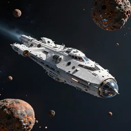 a starship flying thru asteroids in the style of jean giraud in the style of ralph mcquarrie trending on artstation deviantart pinterest hyper detailed photorealistic highlights and shadow hd 8 k post - processing high resolution