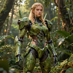 a highly detailed image of a hybrid natural mecha girl in the jungle by in the style of anna dittman, fashion photography, octane render, the golden hour