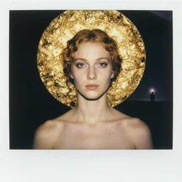 Woman masterpiece, golden halo behind her head, by Edgar Maxence and Ross Tran, Zdzisław Beksiński, and Michael Whelan, distant, gustav dore, H.R. Giger, 8k, octane render, polaroid