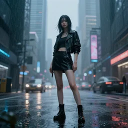 girl standing, cyberpunk city, rainy, trending on artstation, 4k, digital art