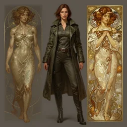 portrait of a full body of beautiful female detective, d & d, coat, fantasy, flat lighting, intricate, muscular, highly detailed, digital painting, artstation, concept art, smooth, sharp focus, illustration, art by simon bisley and greg rutkowski and alphonse mucha, natural tpose