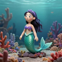 portrait of a claymation mermaid by aardman and tim burton in the ocean, subtle colours, lots of detail, coral reef