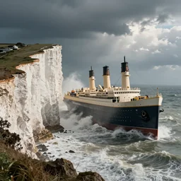 Titanic approaching the white cliffs of dover during a hurricane