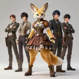 wide angle beautiful full body portrait of a strong female anthropomorphic anthro fennec fursona wearing a steampunk dress. character design by disney, anime, manga, charlie bowater, ross tran, artgerm, and makoto shinkai, detailed, soft lighting, rendered in octane