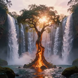 tree surrounded by waterfalls, sun setting, ross tran, nephilim, pyroclastic flow, ethereal, fantasy, james jean, oozium, peter morbacher angelarium alchemy luxury heavenly light soft illumination, trending on artstation, cinematic lighting, digital painting, octane render, artgerm