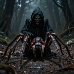 photorealistic art of The grim reaper as a spider, cinematic lighting, horror art, 8k, intricate detailing