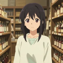anime visual, portrait of a young female traveler in a alchemist's potion shop interior shopping, low light, cute face by ilya kuvshinov, yoh yoshinari, makoto shinkai, katsura masakazu, dynamic pose, dynamic perspective, cel shaded, flat shading mucha, crisp and sharp, rounded eyes, moody, detailed facial features, blue black gold, hdr