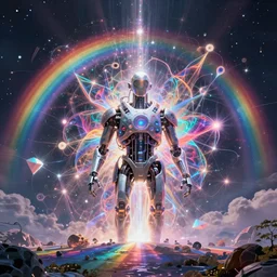 a futuristic world of machine with dmt visions in a high spiritual world, colorful, rainbow, fractoluminescence, refractive, plasma, electric