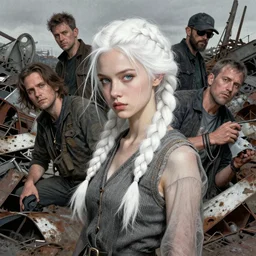 8 5 mm young woman portrait, scrapyard, braided white hair, clothing, martin schoeller, oleg bulakh, id magazine, epic scene, dynamic lighting, intricate illustration, detailed, emanuele dascanio, artstation, greg rutkowski, sharp focus, photoreal, 8 k