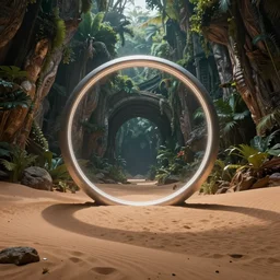 a luminous circular stargate in the desert through which an ancient jungle is visible