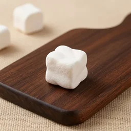 photograph of a marshmallow cube on a dark wooden chopping board, hessian, styled food photography, photorealistic, 4 k