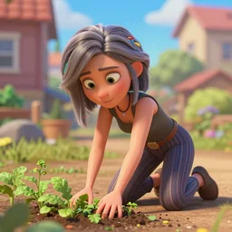a pixar 3 d character, a beautiful and mad canadian woman, on her knees, pulling weeds out frantically, some grey hair, stripey pants, octane render, 8 k,