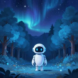 a small glossy white robot stands in the middle of a forest of softly glowing blue trees at night. the sky above has many stars and a beautiful blue aurora. cyril roland naomi okubo. trending on artstation. digital painting.
