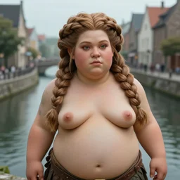 potrait, chubby dwarven woman by a canal in city, by johan grenier, fantasy artwork, secret of mana!!!, intricate braided hair, short plump figure, smooth, highy detailed face, centered, ultra detailed, 8 k, hd