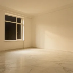 cream - colored studio, vanilla - colored lighting, soft golden light, marble room, marble floor, yellow lighting, bare room, empty room, studio room, art room, window to night time, night time, warm lighting inside, art by artgerm