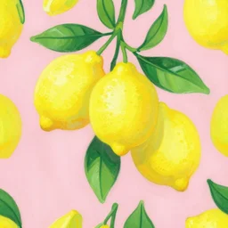 ' floreal composition, vintage funky wallpaper, big yellow lemons and green leaves, pink background, acrylic paint