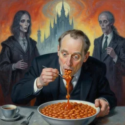 painting of jesse pinkman eating british baked beans, scene of man eating british baked beans, by zdzislaw beksinski, by dariusz zawadzki, by wayne barlowe, amazing details, gothic, surrealism, cosmic horror, lovecraftian, cold hue's, warm tone gradient background, concept art, beautiful composition