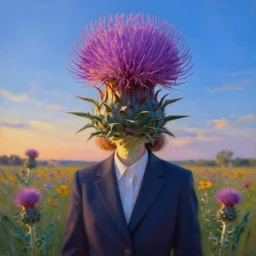 portrait, enormous thistle flower as face, a girl in a suit in field of flowers, surreal photography, sunrise, blue sky, dramatic light, impressionist painting, digital painting, artstation, simon stalenhag
