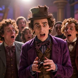 edward scissor hands as a character in tim burton's willy wonka's chocolate factory movie, all faces are distorted contorted, shock, repulsion, disgust, annoyance, cinematic still, movie still, long lens, shallow depth of field, bokeh, anamorphic lens flare, 8 k